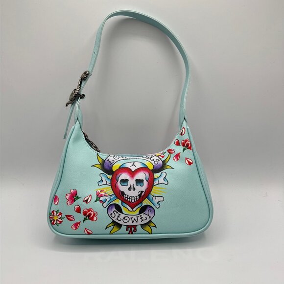 Ed Hardy Handbags - Ed Hardy Light Blue and Pink Shoulder Bag with Artistic Design (Model EHSB-3)